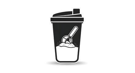 Black and white illustration of a protein shaker bottle with scoop and powder for fitness and health supplements