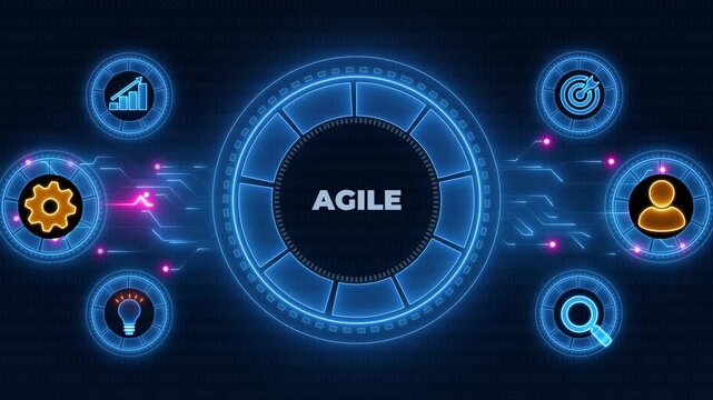 Agile development methodology concept.Neon line Animated circuit board. Digital technology background.
