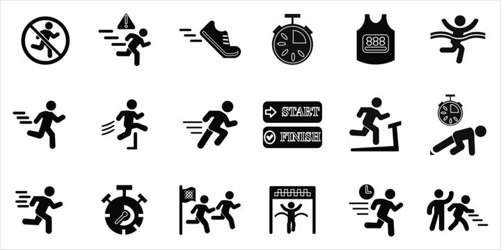 running icons set. run, sprint, late, race, trademill, run away, timer, chronometer and more. simple solid vector illustration