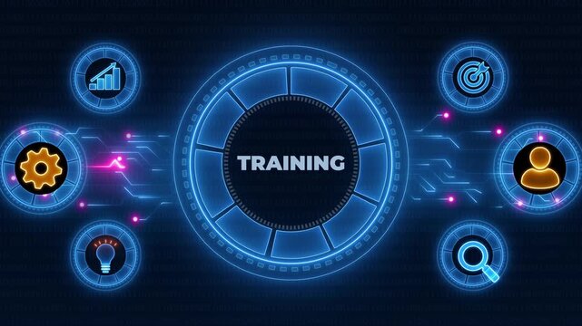 Coaching mentoring education business training development E-learning concept. Neon line Animated circuit board. Digital technology background.