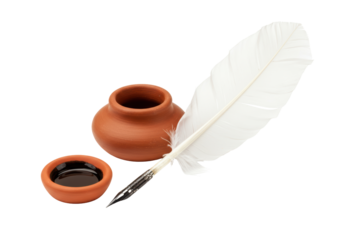 Isolated Quill pen with inkwell, ancient writing equipment and stationery kit, writing set