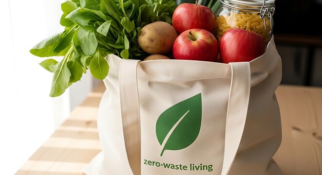 Reusable cloth grocery bag filled with fresh produce including apples potatoes and leafy greens alongside pasta in a jar