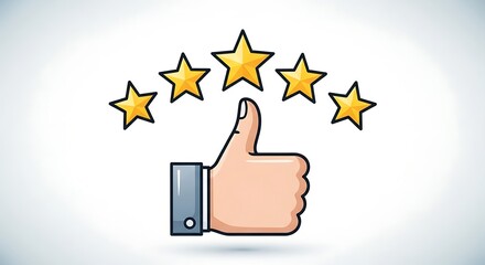 Five golden stars and a thumbs up symbol representing excellent customer satisfaction and positive feedback for a product or service