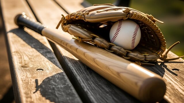 Baseball Bat Glove and Ball on Wooden Bench in Sunlight