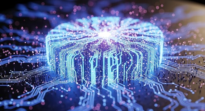 Abstract glowing blue artificial intelligence brain circuit board with digital connections and futuristic technology concept - Powered by Adobe