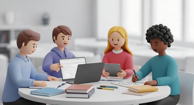 Diverse group of young people collaborating on a project using laptops and tablets at a round table in a modern office setting