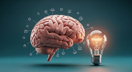 Human brain with glowing light bulb symbolizing ideas innovation and intelligence with digital data flowing around