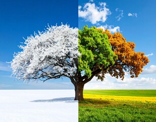 Four Seasons Tree: Winter, Spring, Summer, Autumn Landscape with Changing Colors