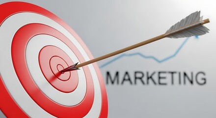 Arrow hitting the bullseye of a marketing target representing successful strategy and achieving business goals with a rising graph