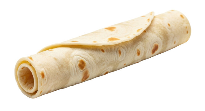 Rolled up wheat flour tortilla isolated on a white background for food and recipe concepts