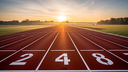 Running Track with Red Surface and White Lane Markings at Sunset