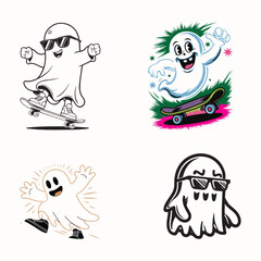 Fototapeta premium Cool Cartoon Ghosts Skateboarding and Having Fun – Vector Illustration Set