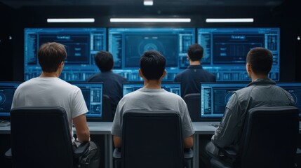 IT Professionals Conducting Advanced Testing of AI Defenses in a Digital Warfare Environment with Multiple Screens and Monitors
