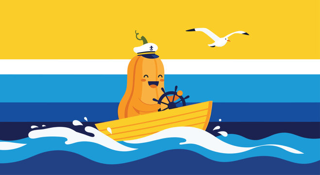 Adorable pumpkin captain sailing the sea with a happy seagull, perfect for autumn events and kids' activities with a playful, nautical theme