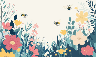 Obraz premium Colorful blooming flower garden with buzzing bees flying over flat minimalist wildflowers and green foliage natural background illustration