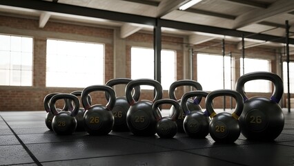 Kettlebells in Modern Gym with Natural Light and Exposed Brick Wall for Fitness Training