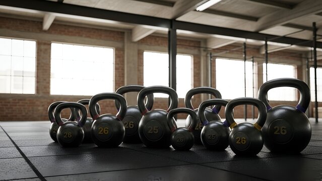 Kettlebells in Modern Gym with Natural Light and Exposed Brick Wall for Fitness Training