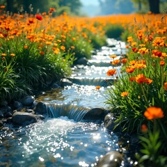 The fresh and natural scenery of flower clusters and streams