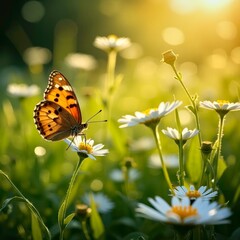 The beautiful scene of butterflies in the flowers
