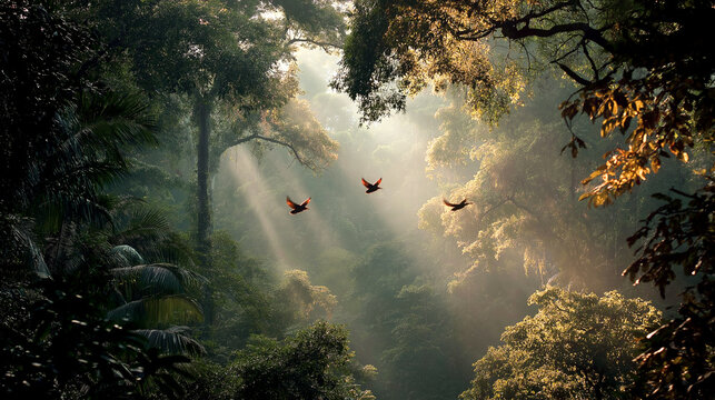 tropical rainforest with colorful birds flying
