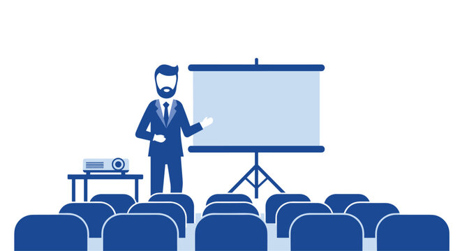 Illustrative business presentation scene with speaker and empty seats, ideal for corporate communications and training materials, engaging and professional