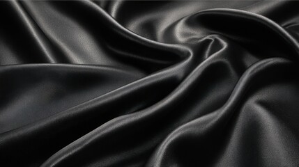 Obraz premium Soft black satin fabric lies in gentle folds showcasing a luxurious texture. The lighting accentuates its glossy surface creating a sophisticated look suitable for various uses.