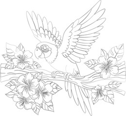 Vector art of a parrot perched on a flowering branch, showcasing a vibrant bird in a natural and botanical setting silhouette