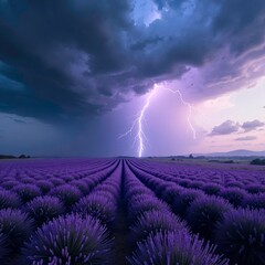 Purple flower fields under lightning
