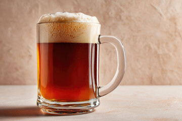 cup full of beer on table against beige background