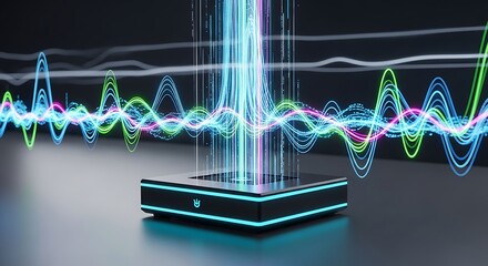 Futuristic glowing blue light beam emanating from a sleek black device against a backdrop of colorful digital sound wave data visualizations