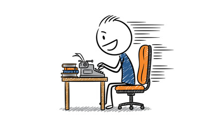 Quirky stick figure author joyfully typing on a vintage typewriter at his desk with stacked books, capturing the creative writing process