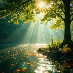 The tranquil water surface bathed in sunlight in the forest