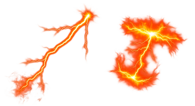 Fiery lightning bolt and explosion shapes isolated on transparent background