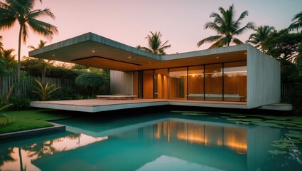 Fototapeta premium Contemporary Villa with Infinity Pool and Tropical Garden at Dusk, Modern Architecture, Luxury Residence, Tranquil Water Reflection