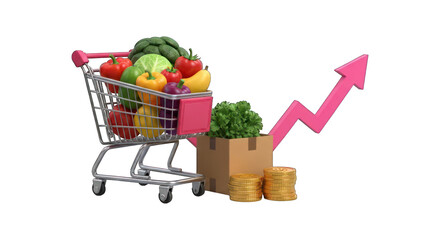 Shopping cart full of produce with rising arrow and coins