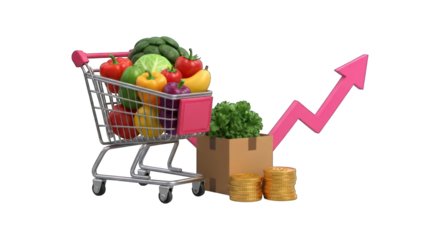 Shopping cart full of produce with rising arrow and coins