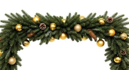 Archway of christmas garland with gold ornaments isolated on transparent background