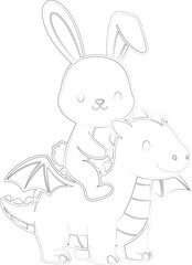 Vector art of a cute bunny is riding a friendly dragon, , showcasing a whimsical scene perfect for childrens illustrations and coloring books silhouette