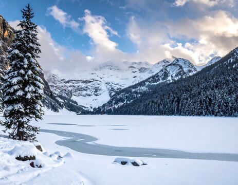 Scenic winter landscape with snow-covered mountains, lake and trees