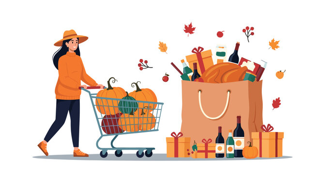 Stylish woman shops for Thanksgiving feast with pumpkins, wine and gifts creating a festive autumn vibe perfect for holidays and family celebrations - Powered by Adobe