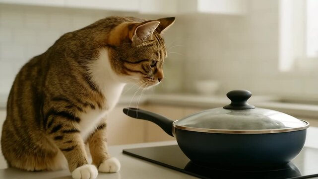 Cat Staring at Pan on Kitchen Stove
