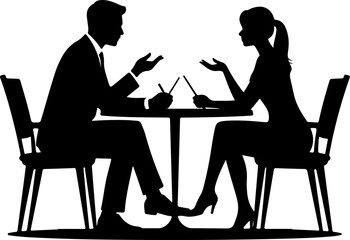 Man and a woman at a table negotiating silhouette vector illustration