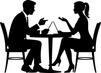 Man and a woman at a table negotiating silhouette vector illustration