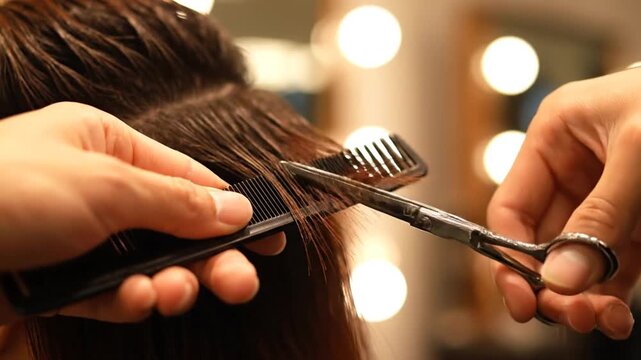 Close Up Of Hairdresser Cutting Dark Brown Hair With Scissors And Comb At Hair Salon With Blurred Bokeh Lights In Background During Beauty Routine Perfect For Hairstyle Tutorials