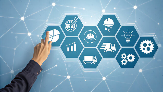 Hand touching a digital screen with icons representing various aspects of business, such as logistics, production, and data analysis, on a blue background