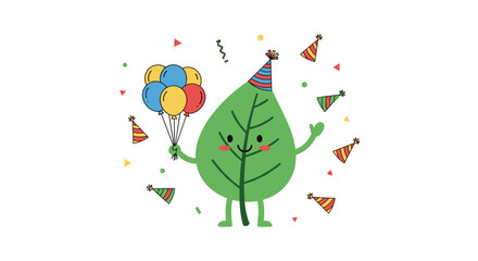 Celebrate Earth Day with this joyful leaf character holding balloons and wearing a festive party hat, perfect for ecological themed parties and events