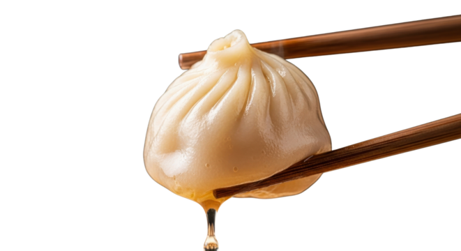 Close-up of traditional Chinese soup dumpling (Xiao Long Bao) held by chopsticks with dripping broth isolated PNG with Transparent Background - Powered by Adobe