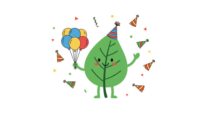 Celebrate Earth Day with this joyful leaf character holding balloons and wearing a festive party hat, perfect for ecological themed parties and events