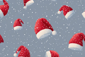 Santa hat seamless pattern. New year and Christmas template banner. Snow background