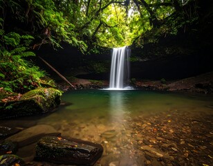 Serene waterfall cascading into a clear, emerald pool in lush forest